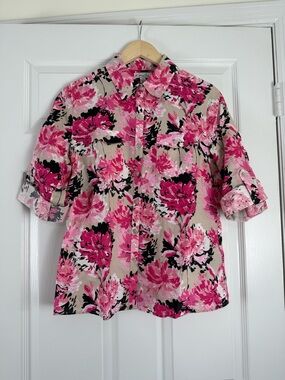 Kim Rogers 100% Linen Pink Floral Button-Up Blouse Petite Medium